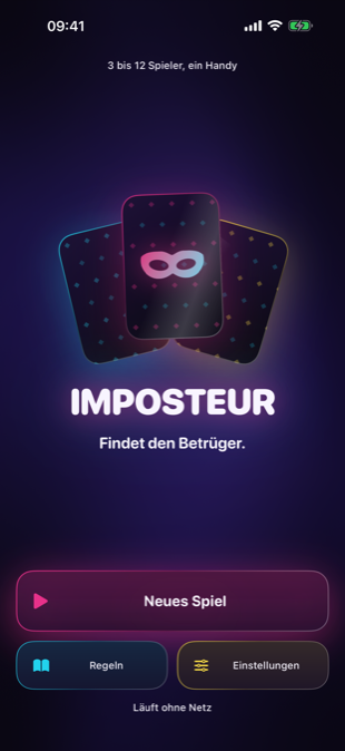 Der Startbildschirm von Imposteur: aufgefächerte Karten unter der Neonschrift