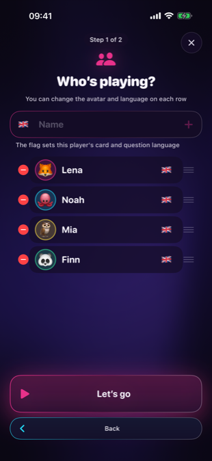 The players screen: names, avatars and each player's language