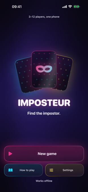 Imposteur's home screen: fanned cards under the neon sign