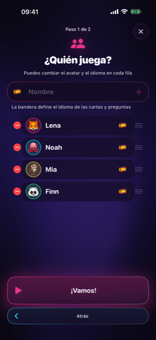 La pantalla de jugadores: nombres, avatares e idioma por jugador