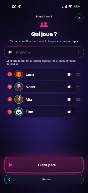 L'écran des joueurs : prénoms, avatars et langue choisie par joueur