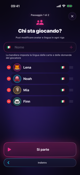 La schermata dei giocatori: nomi, avatar e lingua per giocatore