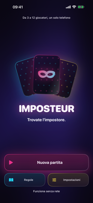 La schermata iniziale di Imposteur: carte a ventaglio sotto l'insegna al neon