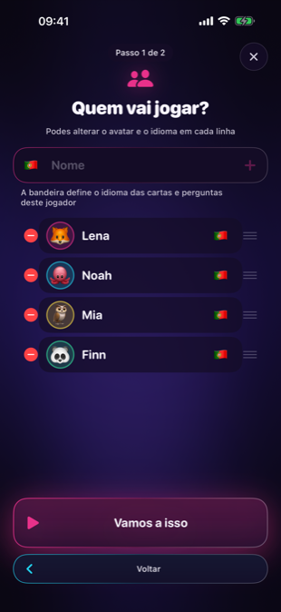 O ecrã dos jogadores: nomes, avatares e língua por jogador