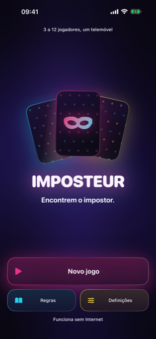 O ecrã inicial do Imposteur: cartas em leque sob o letreiro néon